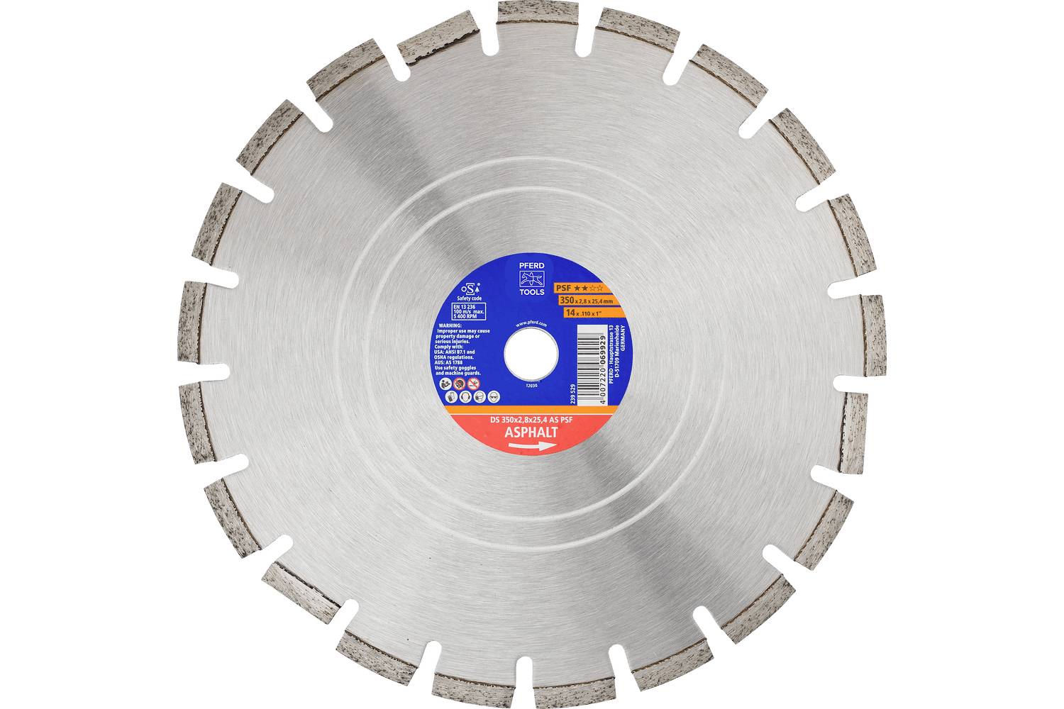 Circular diamond saw blade with segmented cutting edges, labeled for asphalt cutting, shown on a white background.