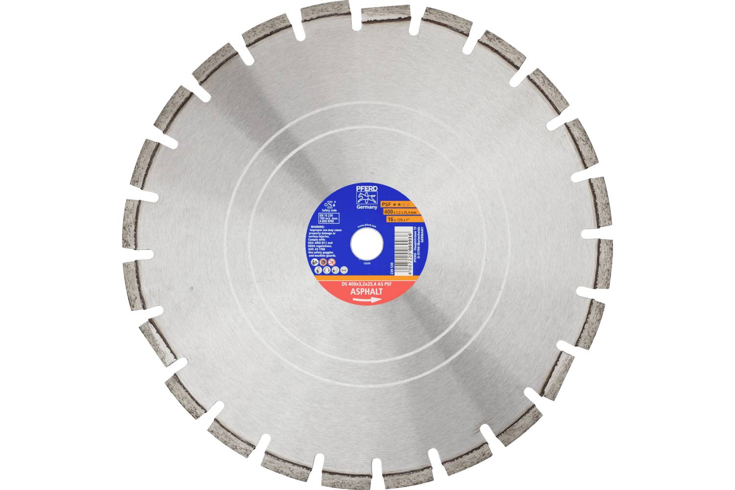 Large circular diamond saw blade with segmented rim and a blue-red center label, shown on a white background.