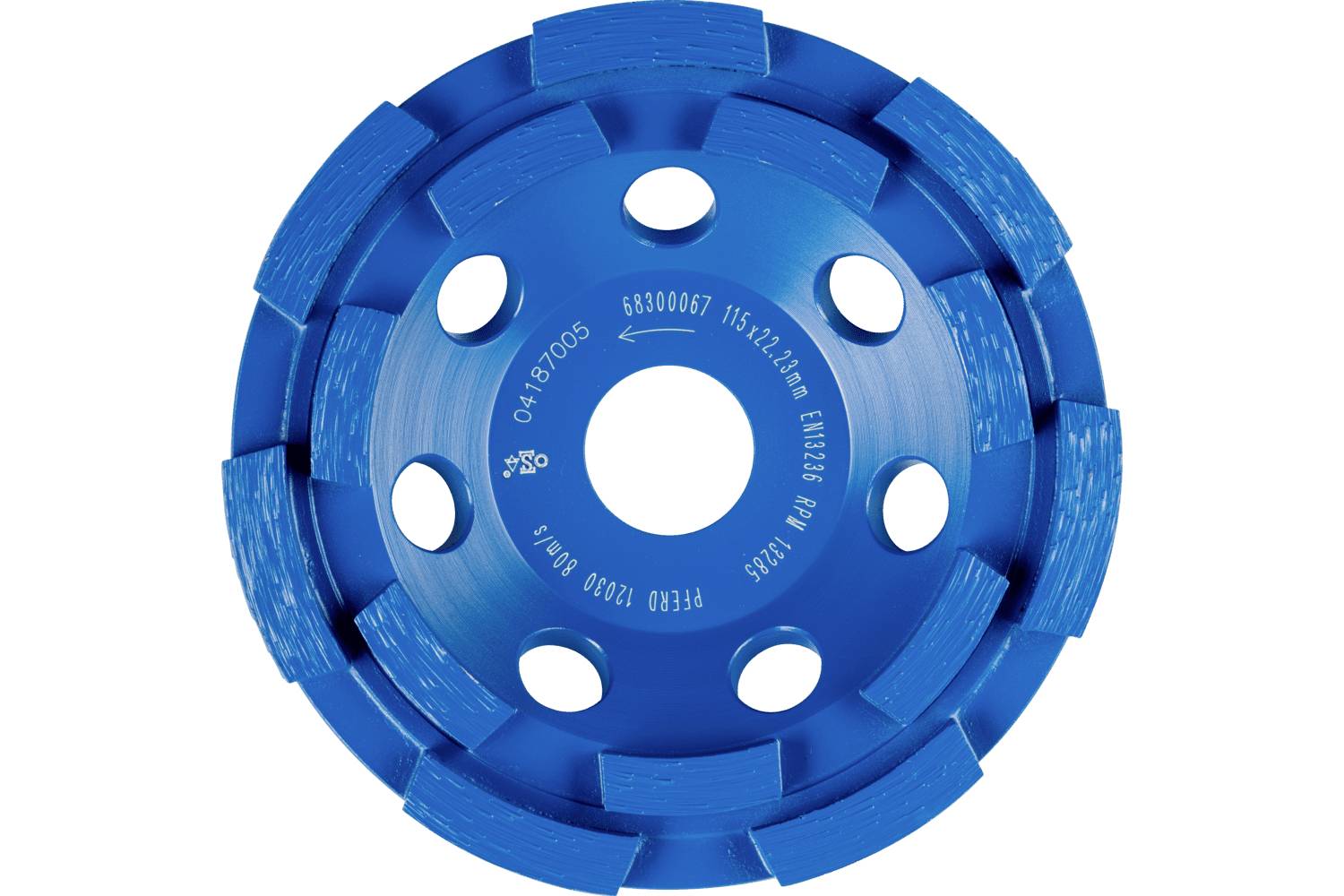 Meule de polissage en diamant bleu avec bord extérieur segmenté et six trous circulaires autour d'une ouverture centrale, présentée sur un fond blanc.