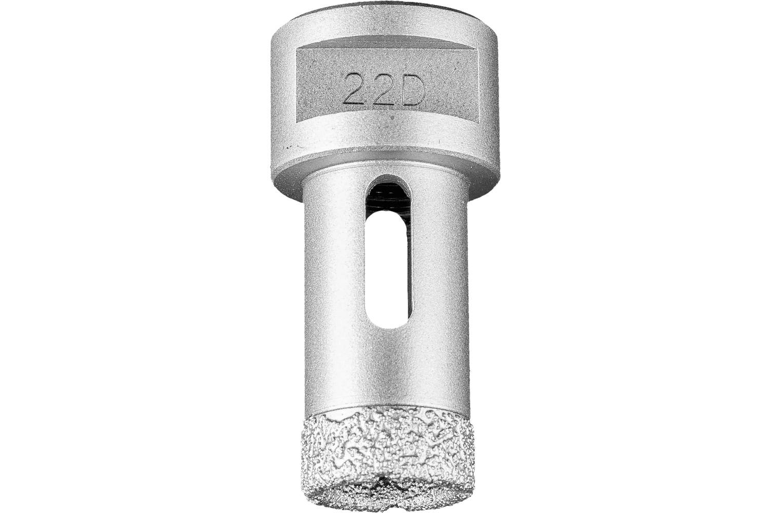 Close-up of a cylindrical metal cutter bit labeled '22D' with an elongated side slot and a rough, textured cutting end.