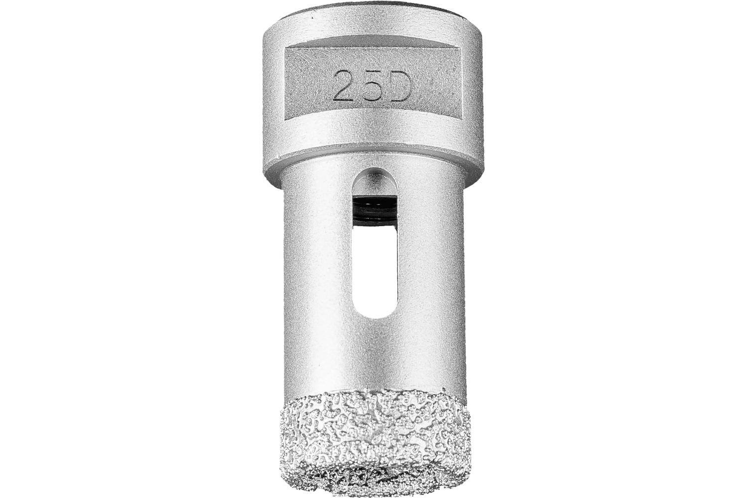 Close-up of a cylindrical metal drill bit with a textured cutting tip and the marking '25D' on the top.
