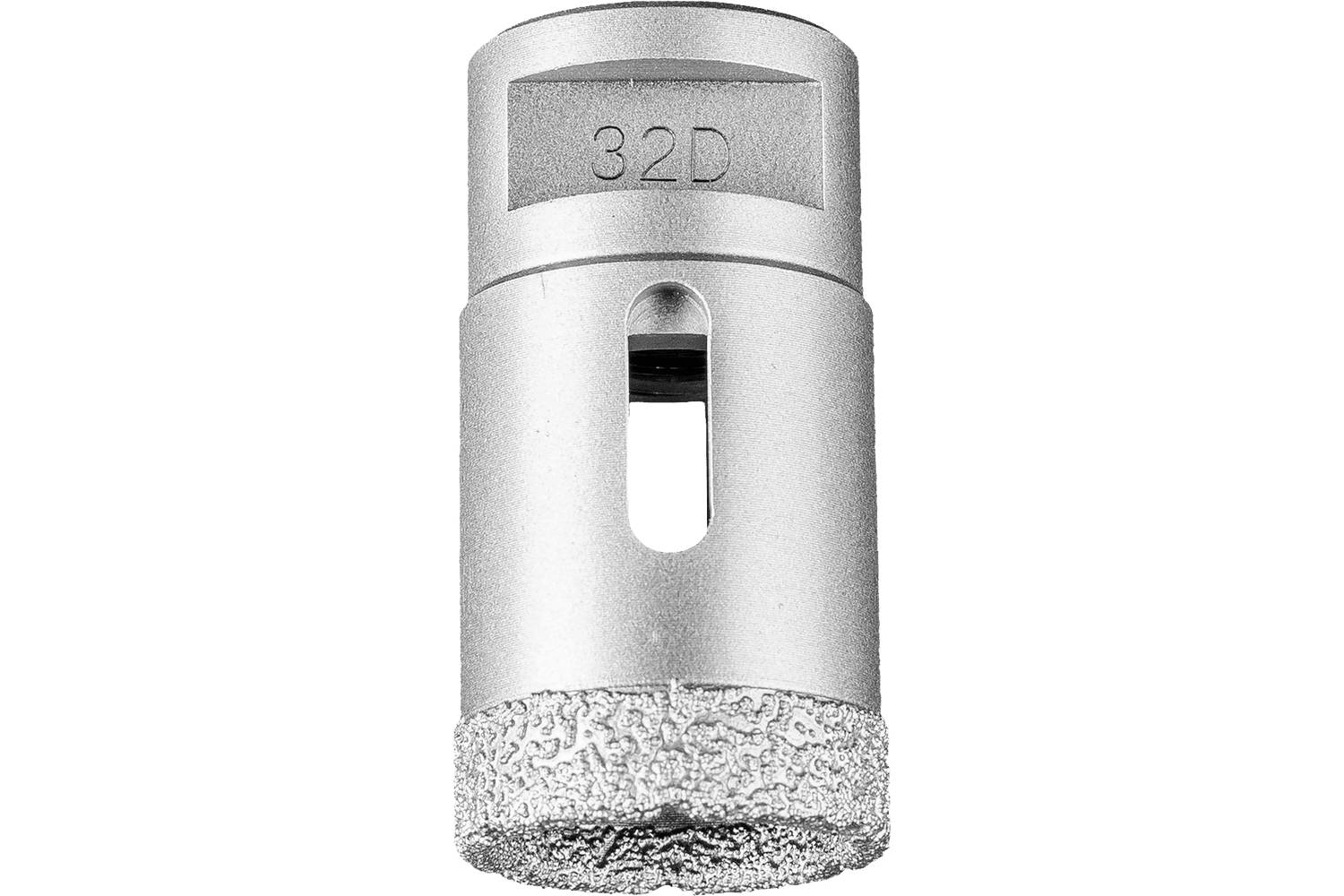 Silver cylindrical drill bit with a textured cutting edge and the marking '32D' near the top.