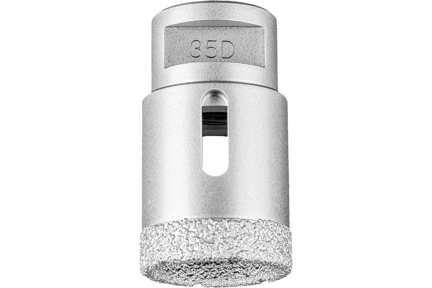 Close-up of a silver cylindrical drill bit or cutting tool with '85D' engraved near the top and a textured cutting edge at the base.