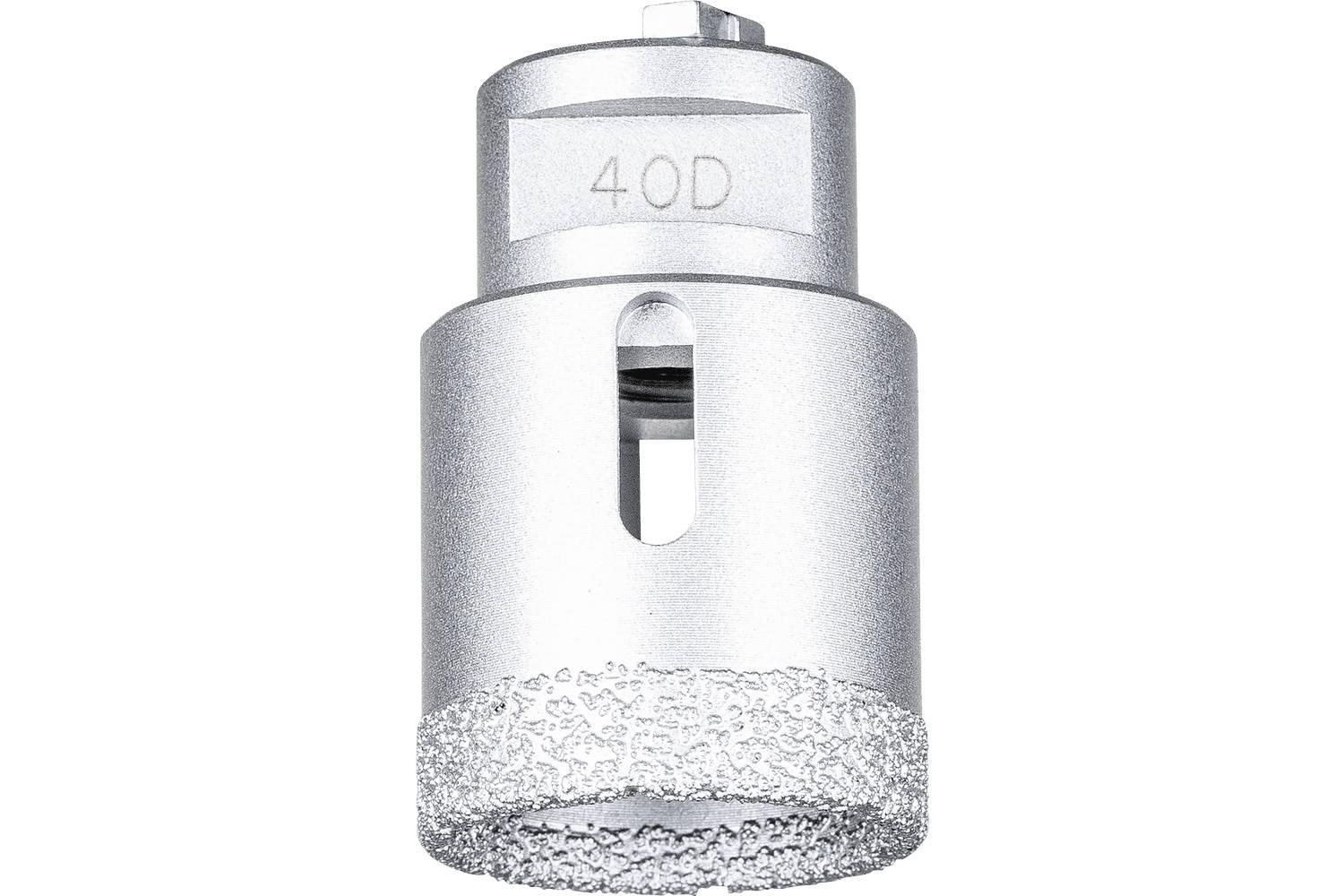 Close-up of a silver metal drill bit or hole saw attachment labeled '40D' on a white background.