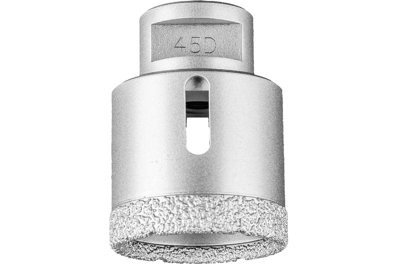 Silver cylindrical drill bit with '45D' stamped on top and a rough cutting edge at the base.