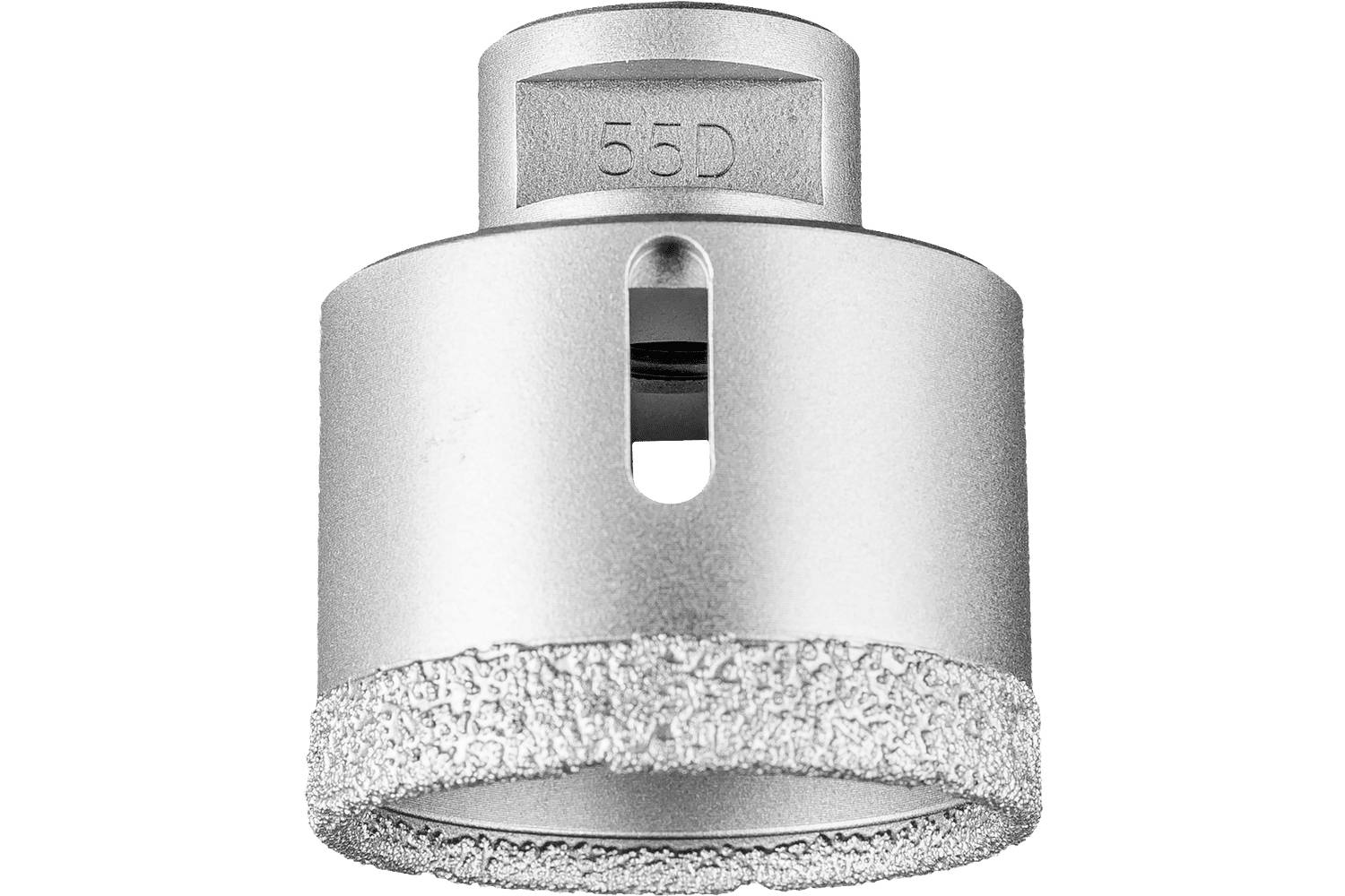 Silver hole saw drill bit labeled '55D' with a centered slot and rough cutting edge