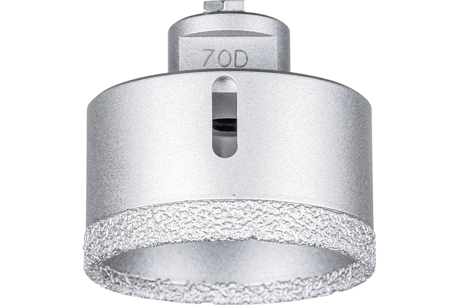 Silver cylindrical metal drill bit with a rough cutting edge and '70D' marked on the top, isolated on a white background