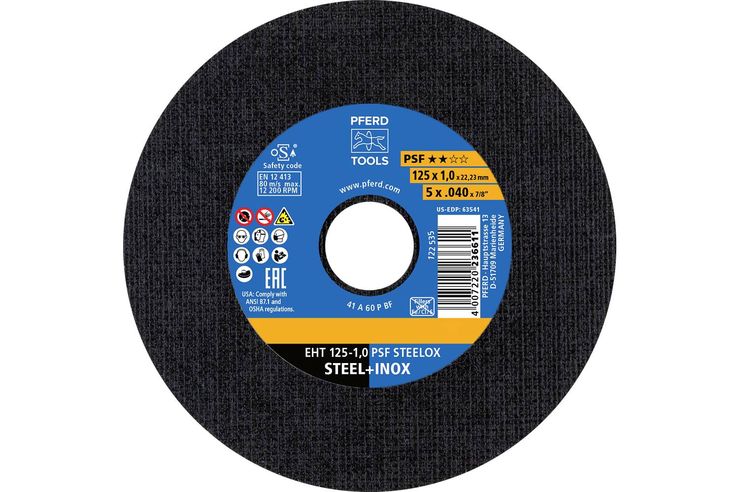 A black abrasive cutting disc with a blue and orange center label showing PFERD tools, PSF, and size details.