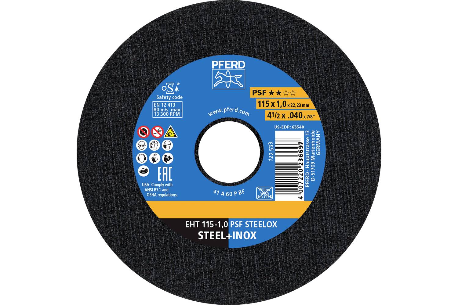 A packaged PFRED abrasive cutting disc labeled 'PSF' and '115 x 1.0 x 22.23 mm', shown front-on with product and safety markings.