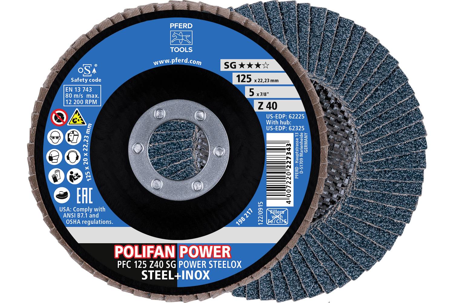 Product label for a PFERD POLIFAN POWER flap disc, marked PFC 125 Z40 SG POWER STEELOX, 125 x 22.23 mm, grit Z40.
