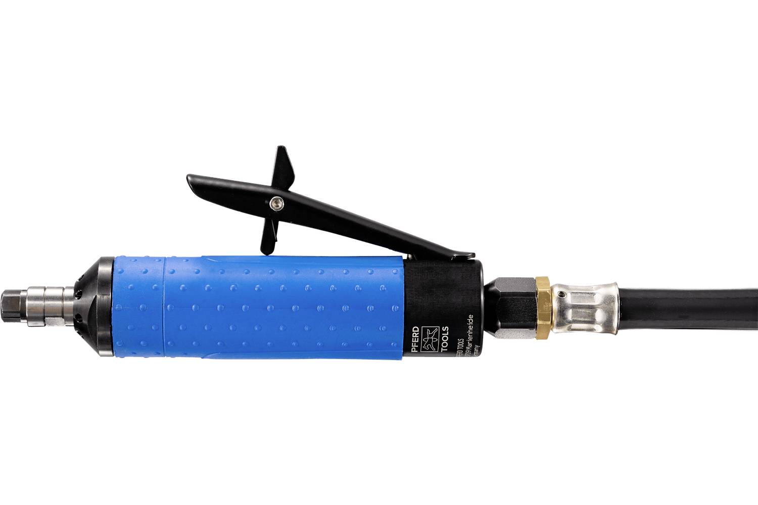 Industrial pneumatic drill with blue rubber grip and attached hose, shown on a white background.