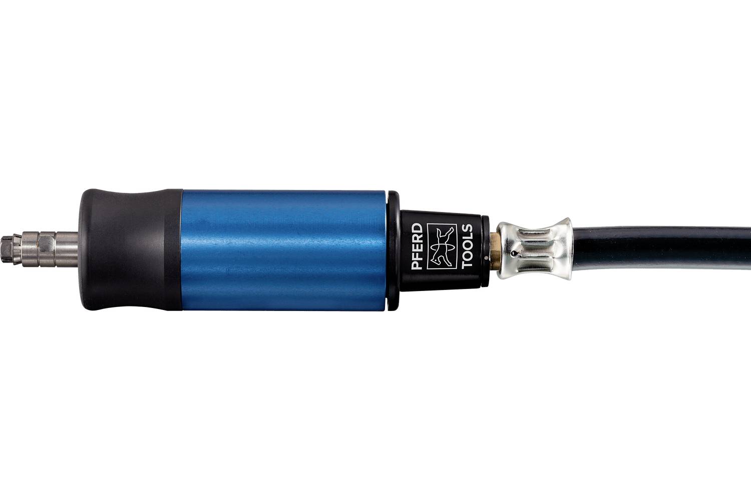 Blue cylindrical power tool connected to a black hose, shown isolated on a white background.