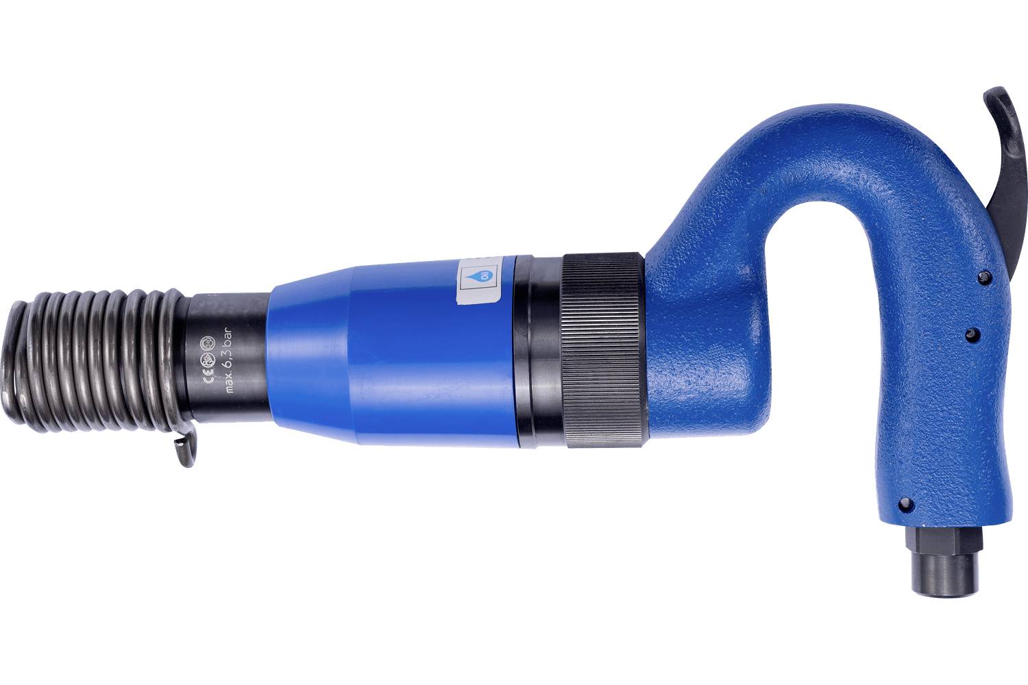 Blue pneumatic handheld power tool with a curved handle, black hose connector, and front ribbed nozzle on a white background