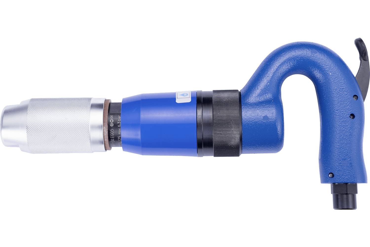 Blue right-angle electric drill with silver chuck, shown in side view on a white background.