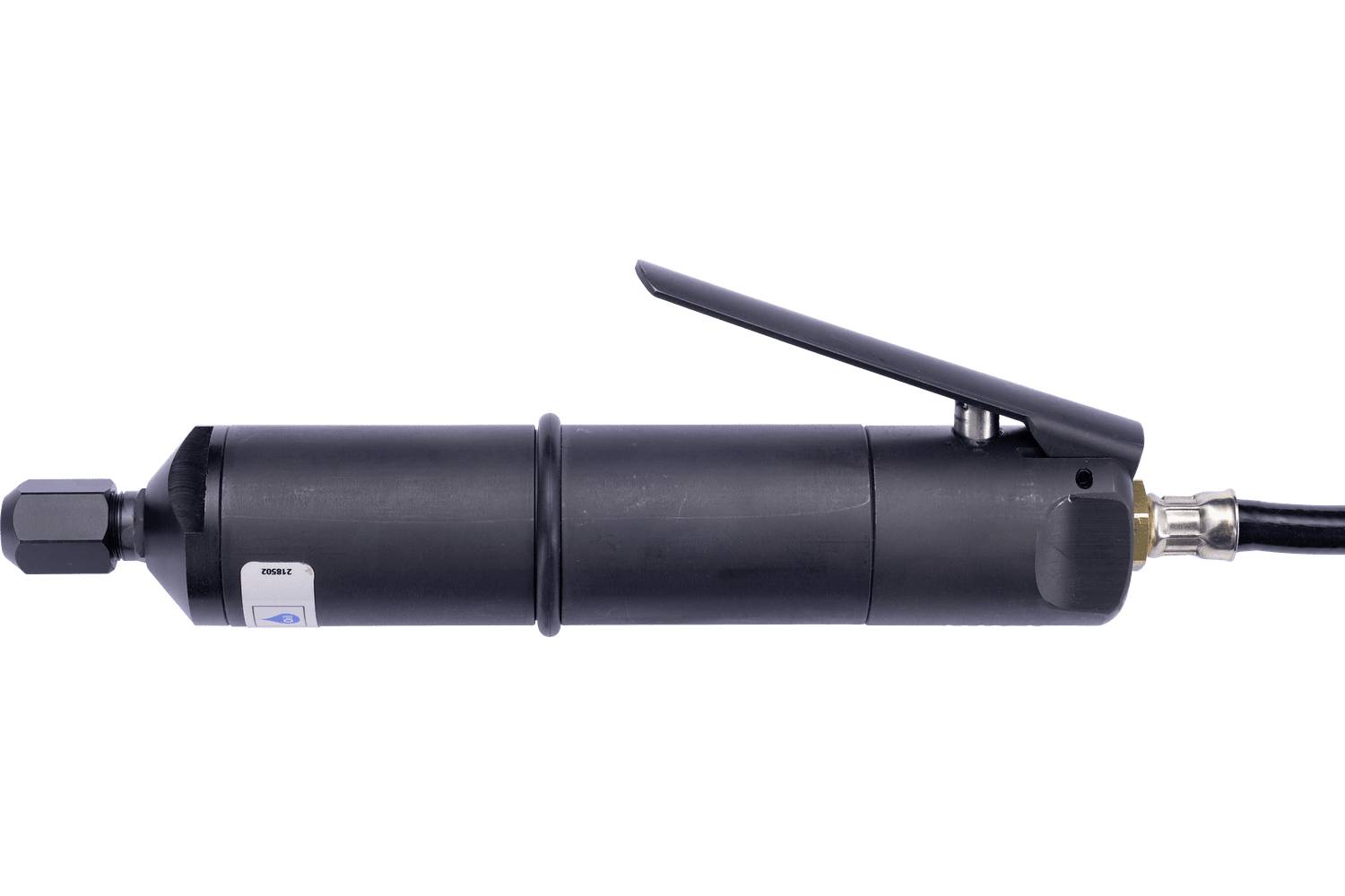Black pneumatic hand tool with a right-angle lever and attached air hose, shown on a white background.