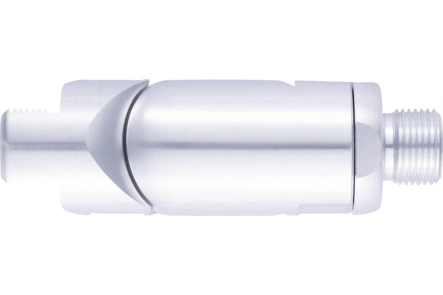 Close-up of a white plastic plumbing connector or valve fitting with threaded ends on a plain background.