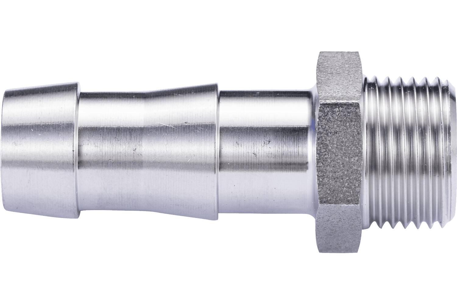 Close-up of a metal hose barb fitting with a hex nut and threaded end on a white background.