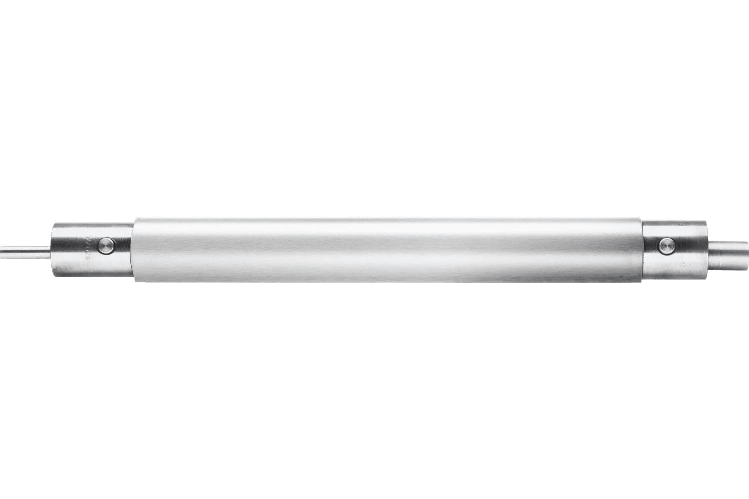 Horizontal stainless steel cylindrical rod or roller with protruding shafts on a white background.