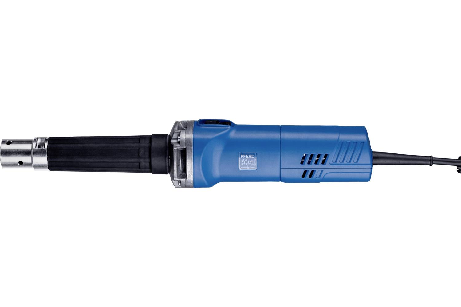 Blue electric power tool with a black handle and metal shaft, shown side view on a white background.