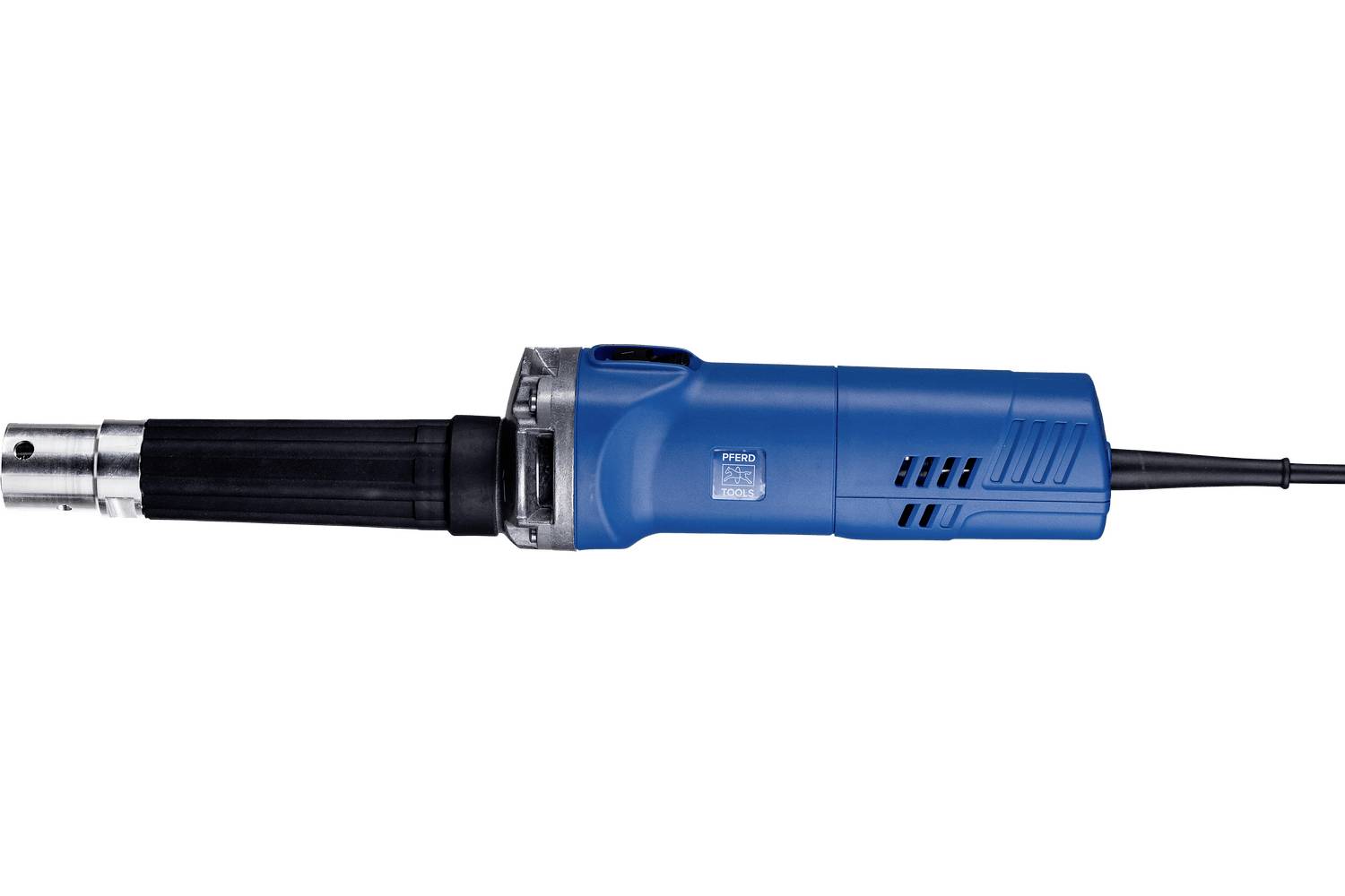 Blue electric soldering iron with black grip and attached power cord on a white background.