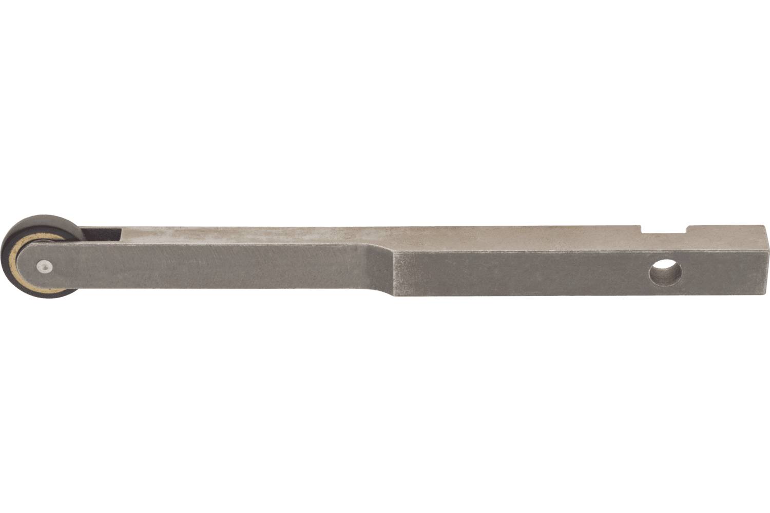 Metal tensioner arm with small pulley wheel on one end and a mounting hole on the other, shown isolated on white background