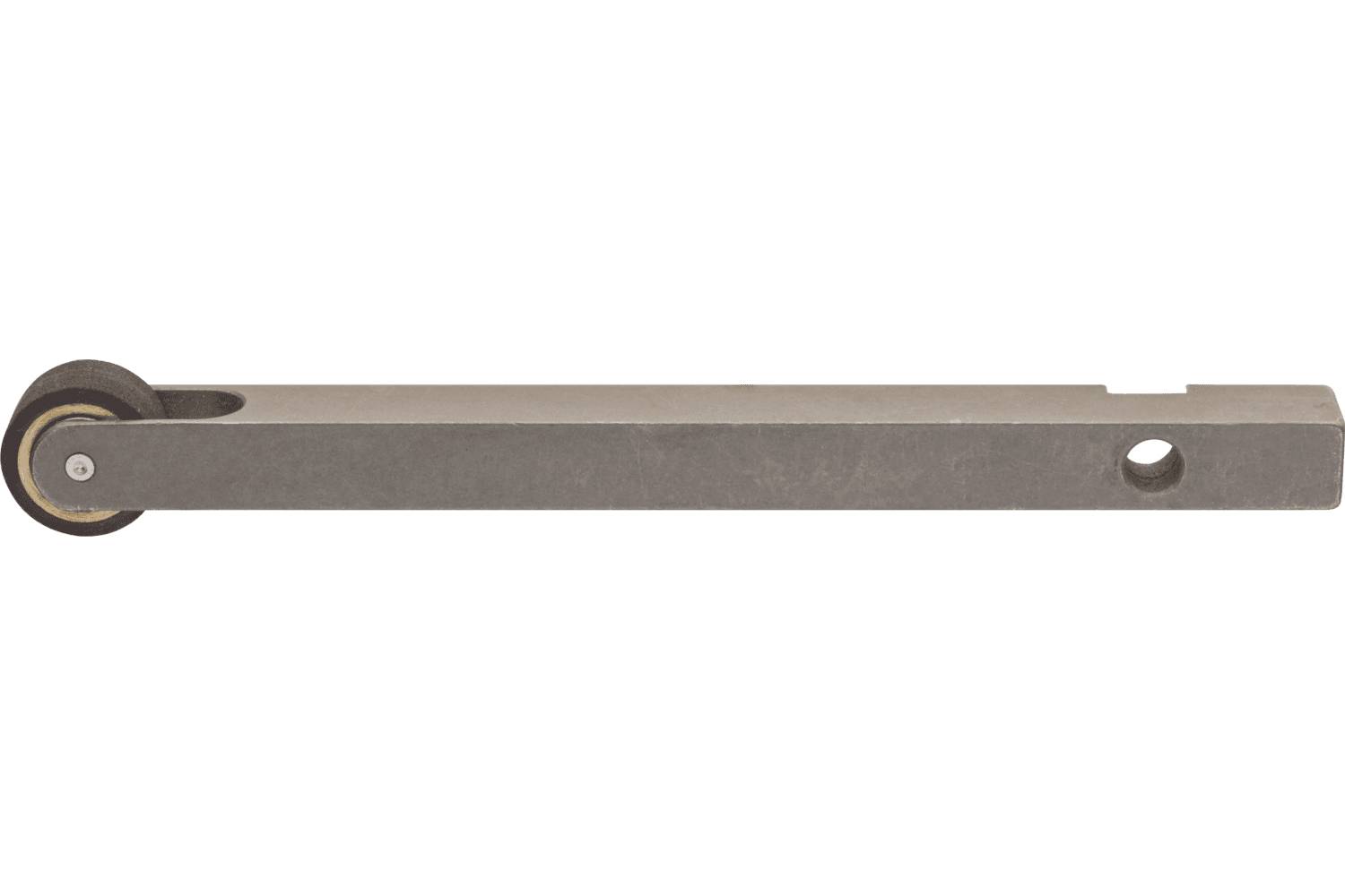 A metal door stay with a roller wheel on one end and a mounting hole near the other, shown on a white background.