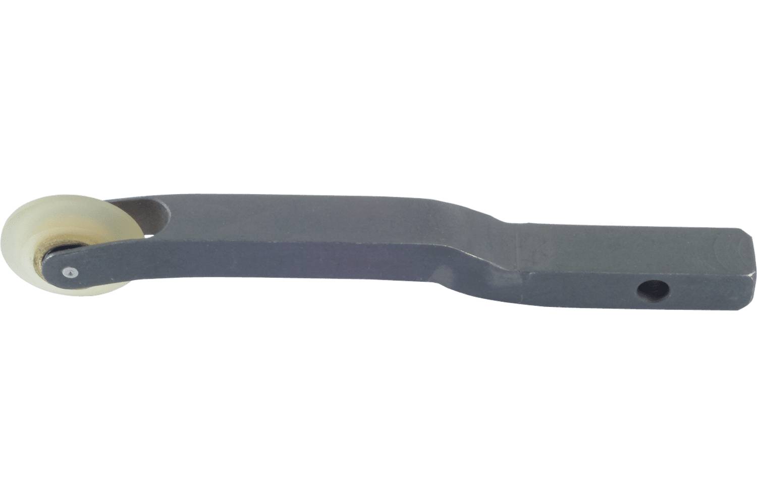 Dark metal tool with a small roller wheel at one end and a hole at the other, shown on a white background.