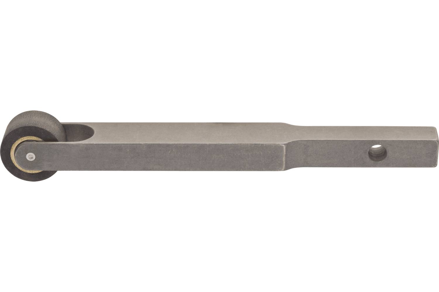 Metal roller lever arm with a wheel at one end and a mounting hole near the other, shown on a white background.