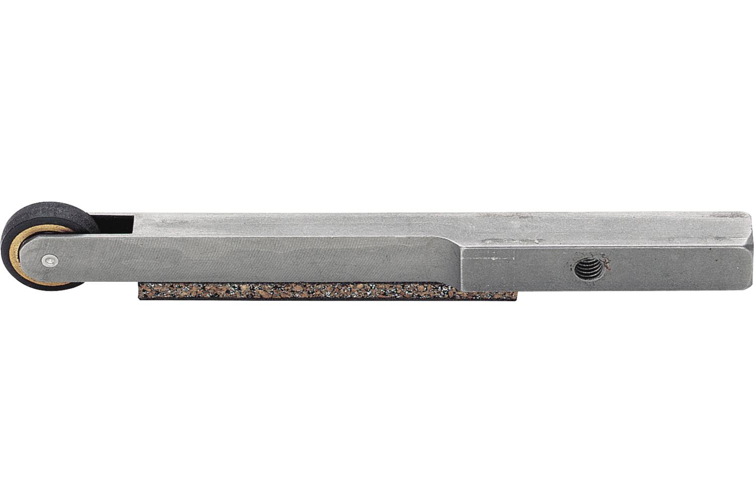 Metal pry bar or lever tool with a small wheel on one end, shown in side view on a white background.
