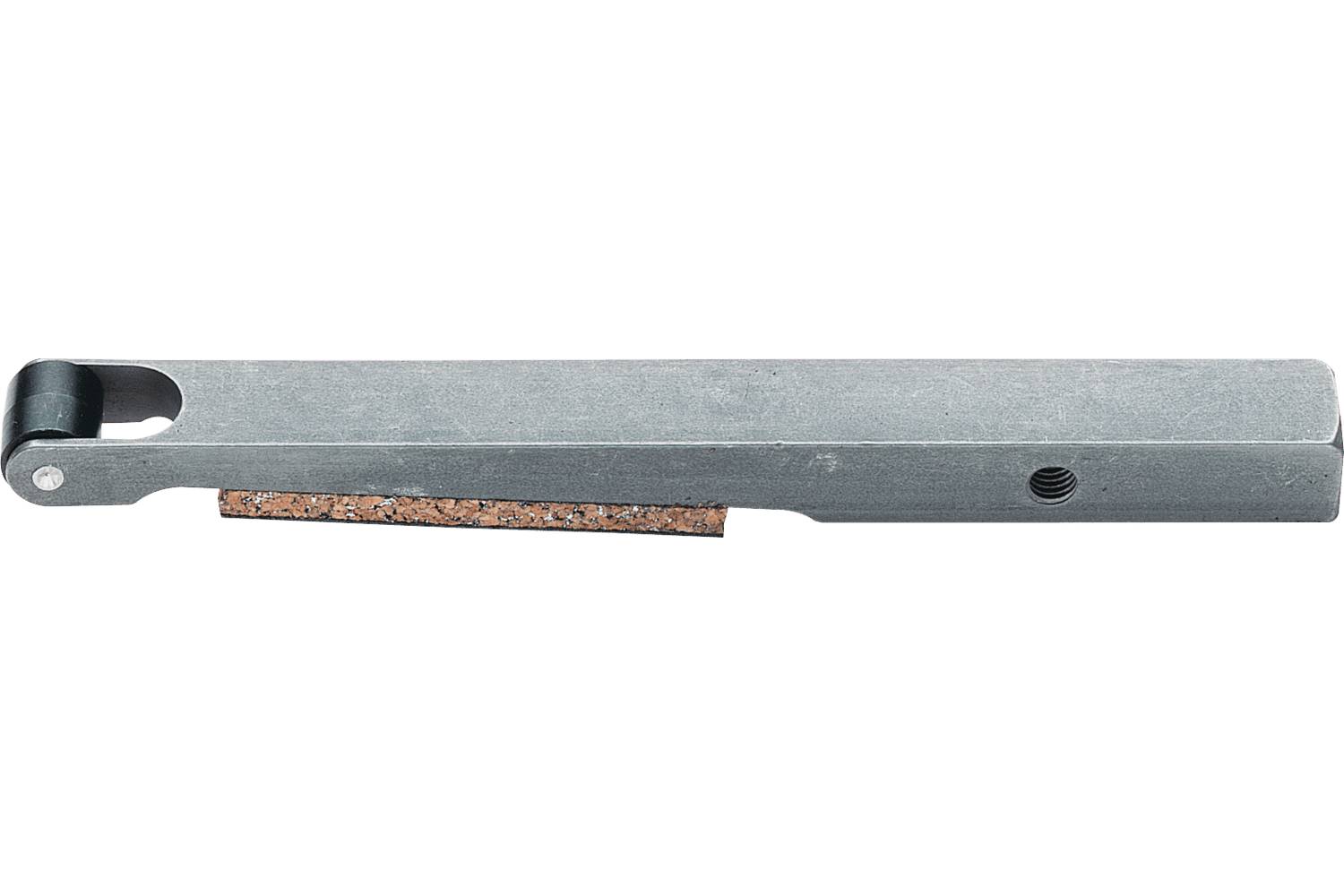 Metal lever arm with a black roller wheel and a rusty underside, isolated on a white background.
