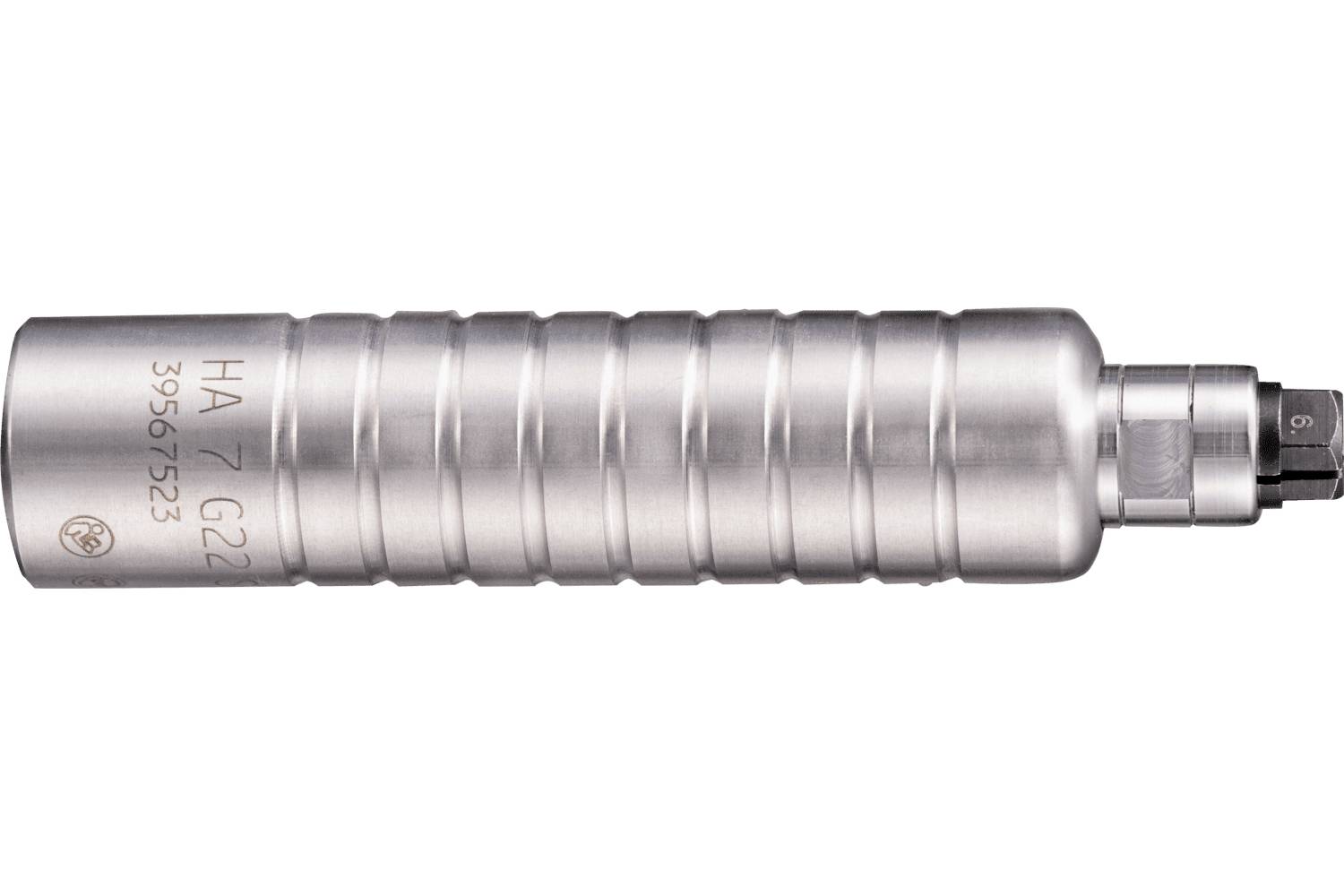 Silver cylindrical metal tool or drill component with ribbed body and threaded end, shown on a white background.