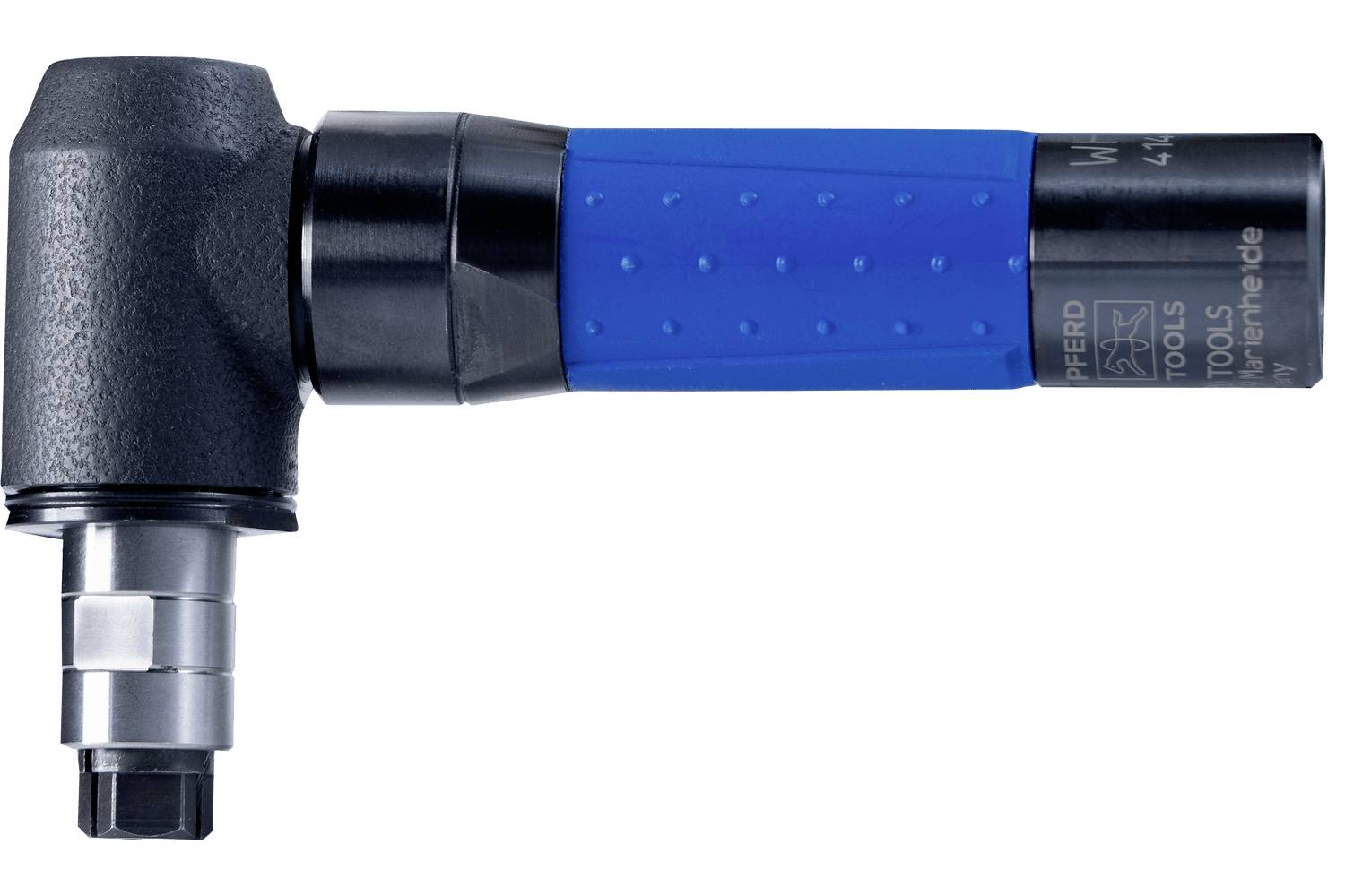 Angled pneumatic drill attachment with black and blue handle and metal chuck on a white background.