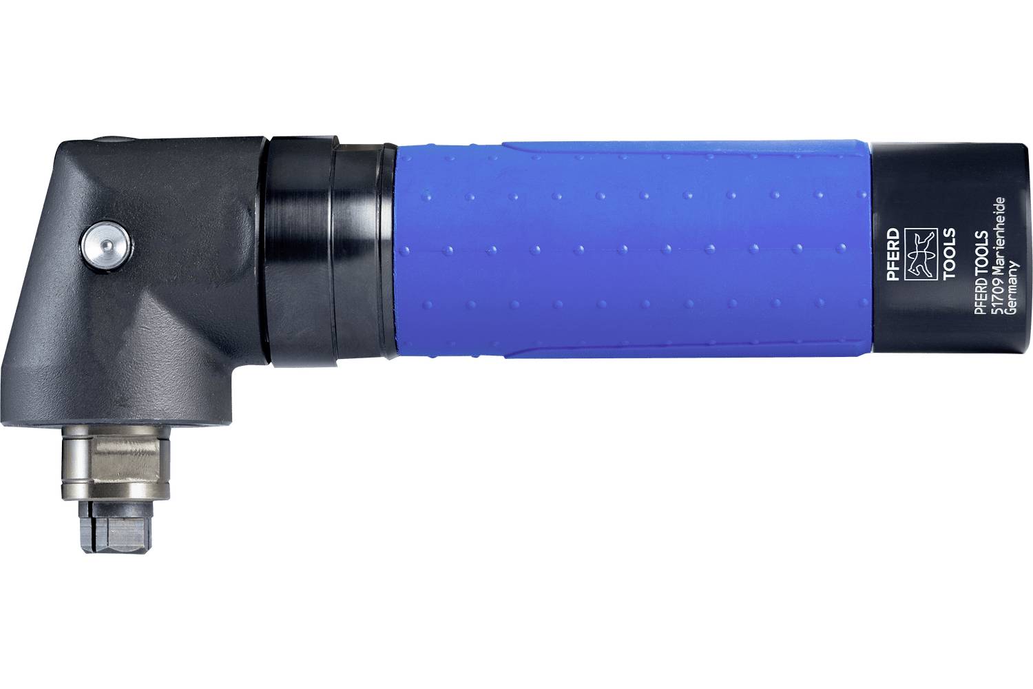 Right-angle pneumatic tool attachment with blue grip and black metal head, shown on a white background.