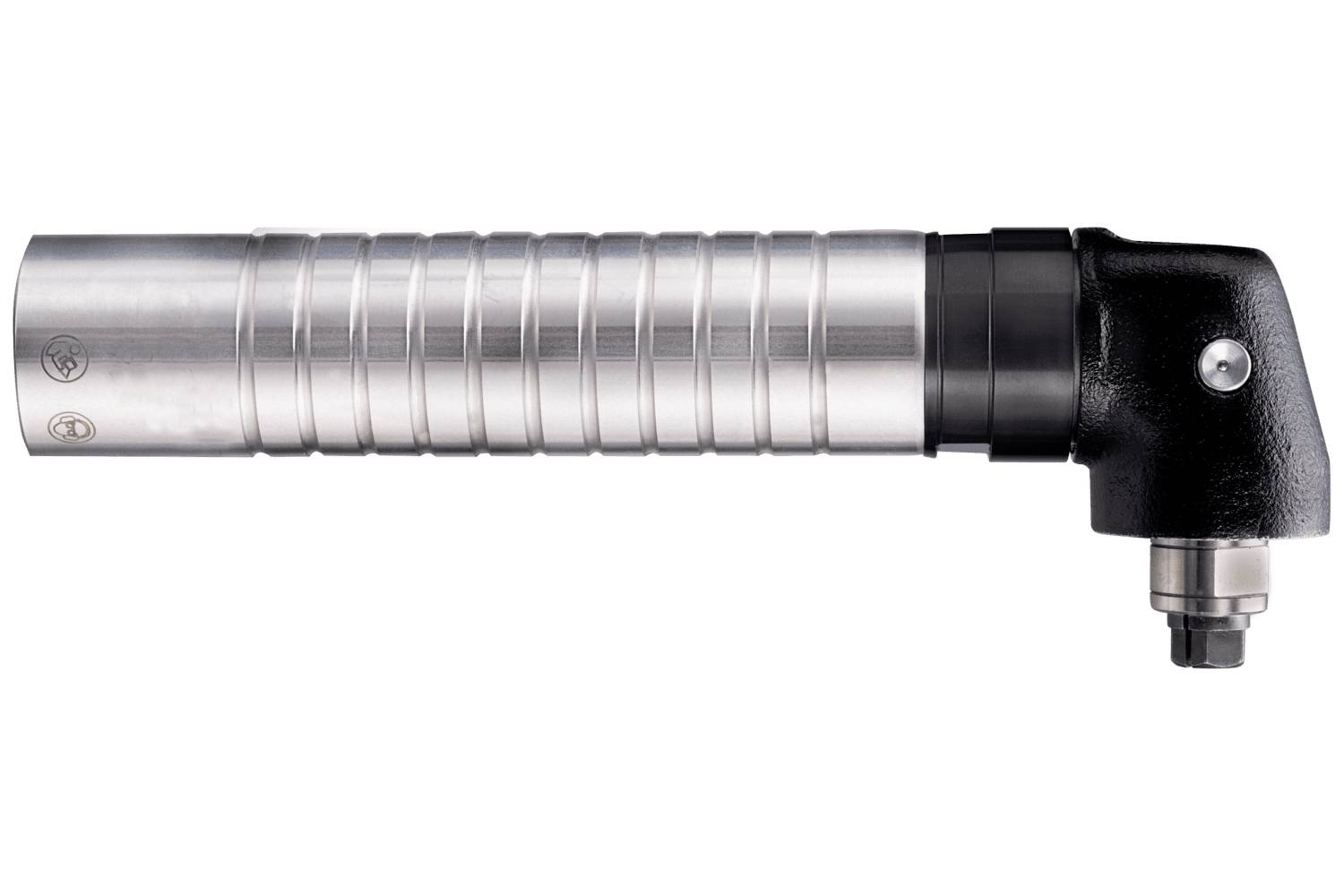Metallic right-angle industrial air tool fitting with a ribbed silver cylindrical body and black elbow connector, shown on a white background.