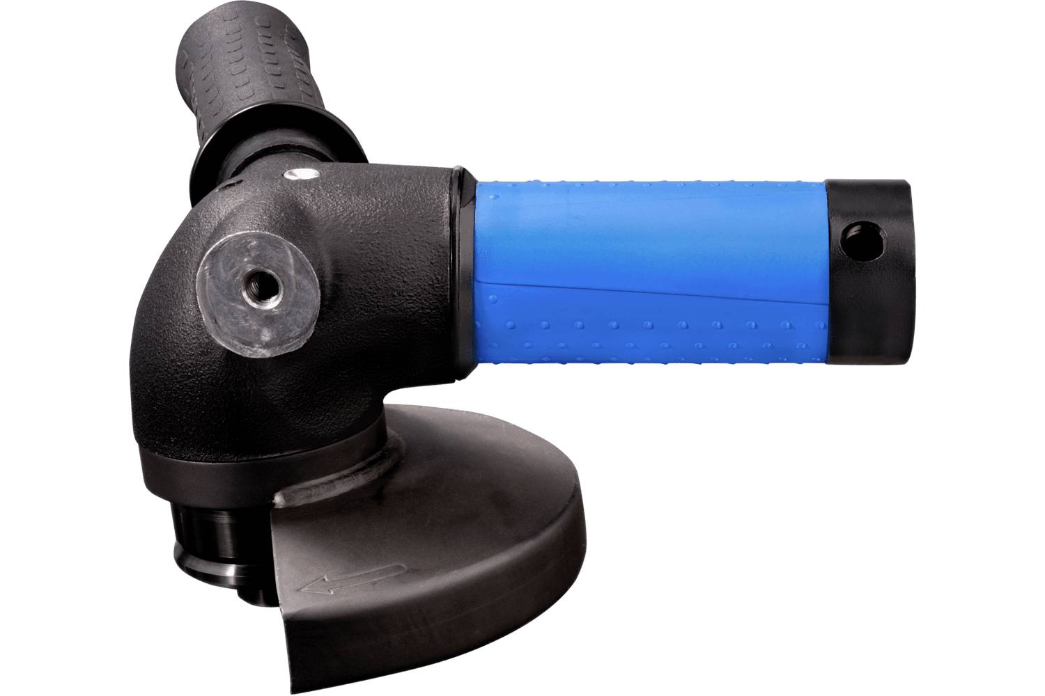 Blue and black angle grinder with side handle and guard, shown on a white background.