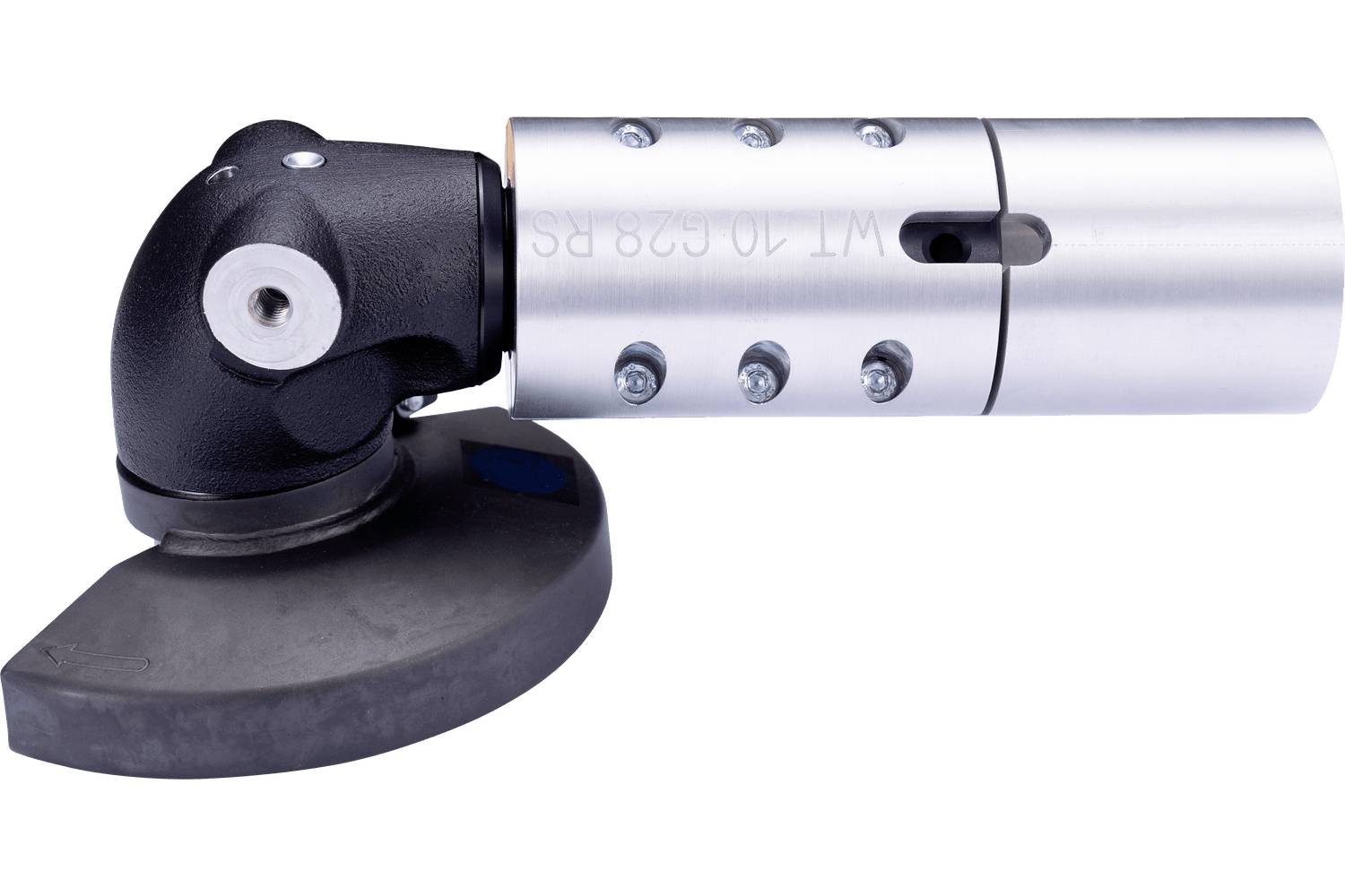 Angle grinder with a black guard and silver metal body shown on a white background, highlighting the tool head and side handle mount.