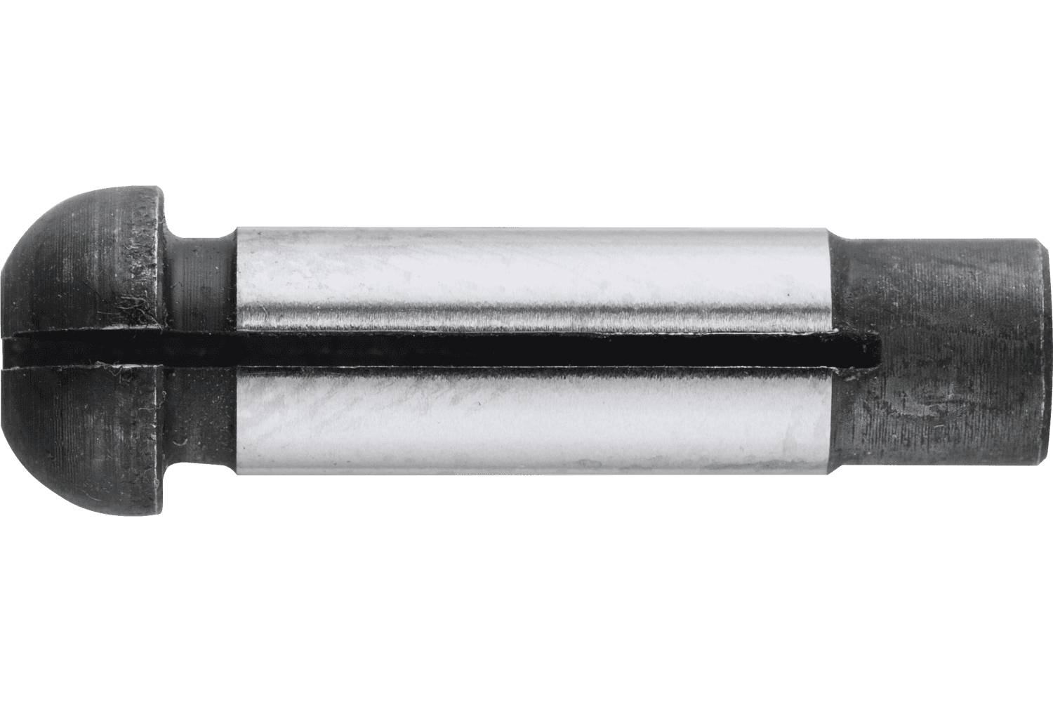 A metal bullet-shaped tool or fastener with a rounded black end and silver cylindrical body on a white background.
