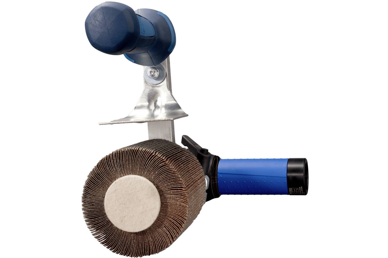 A handheld abrasive flap wheel with a blue grip and metal bracket, shown against a white background.