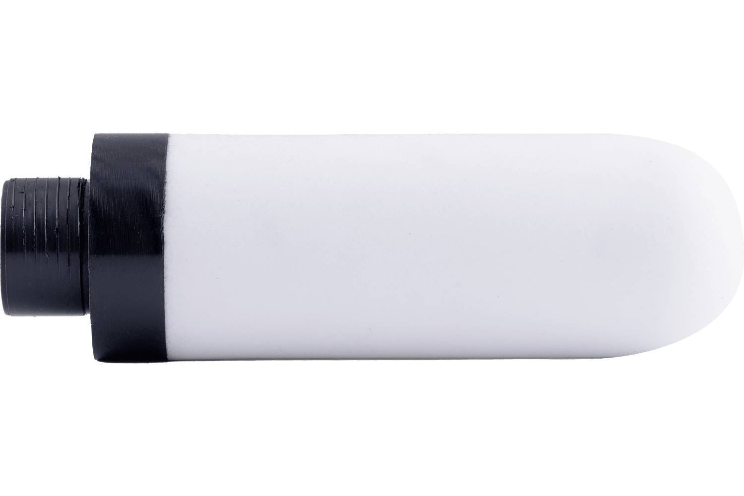 White cylindrical bottle with a black cap and black base, shown horizontally on a plain background.