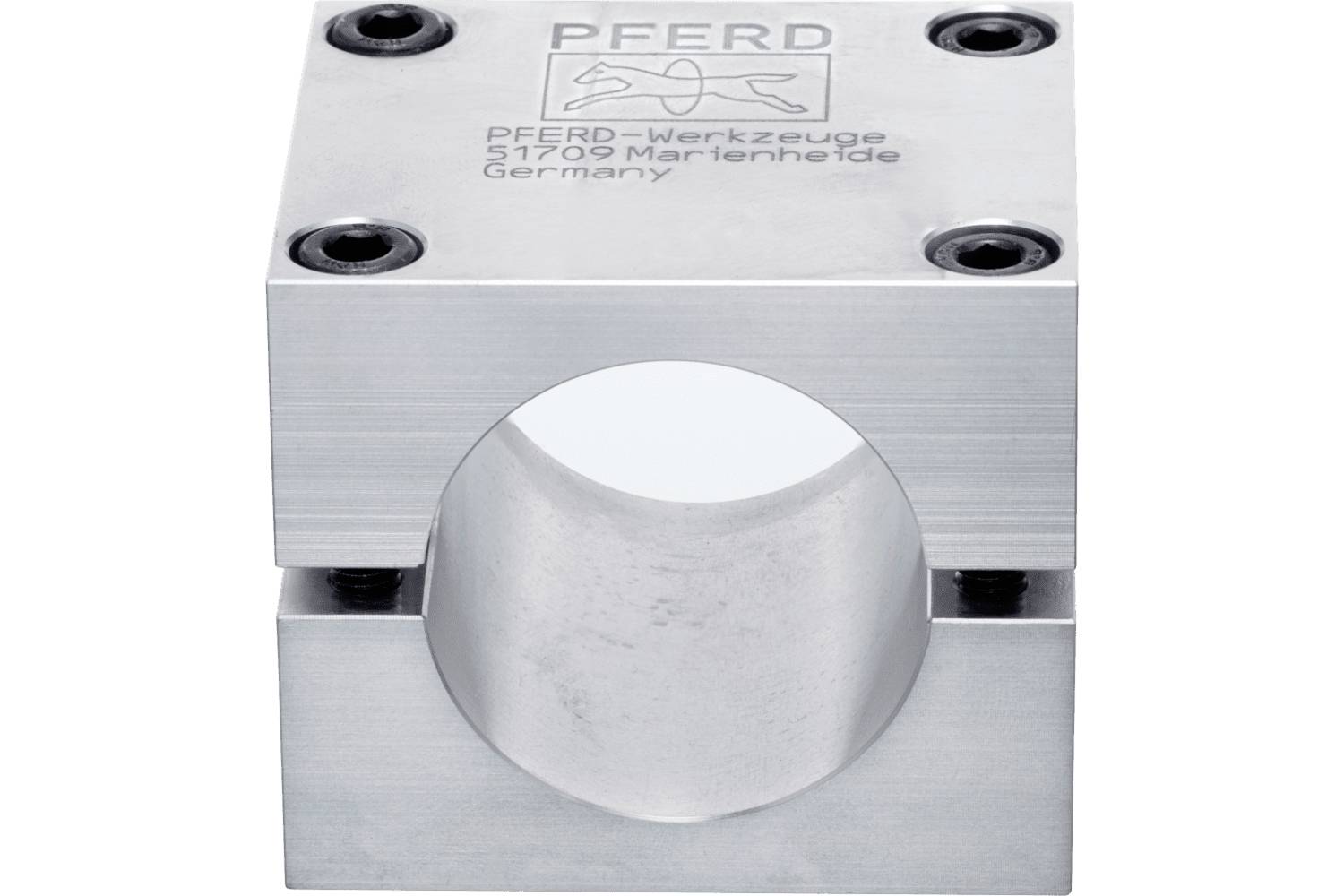 Metal PFERD tool block with a large central circular opening and four black screw heads on a white background.