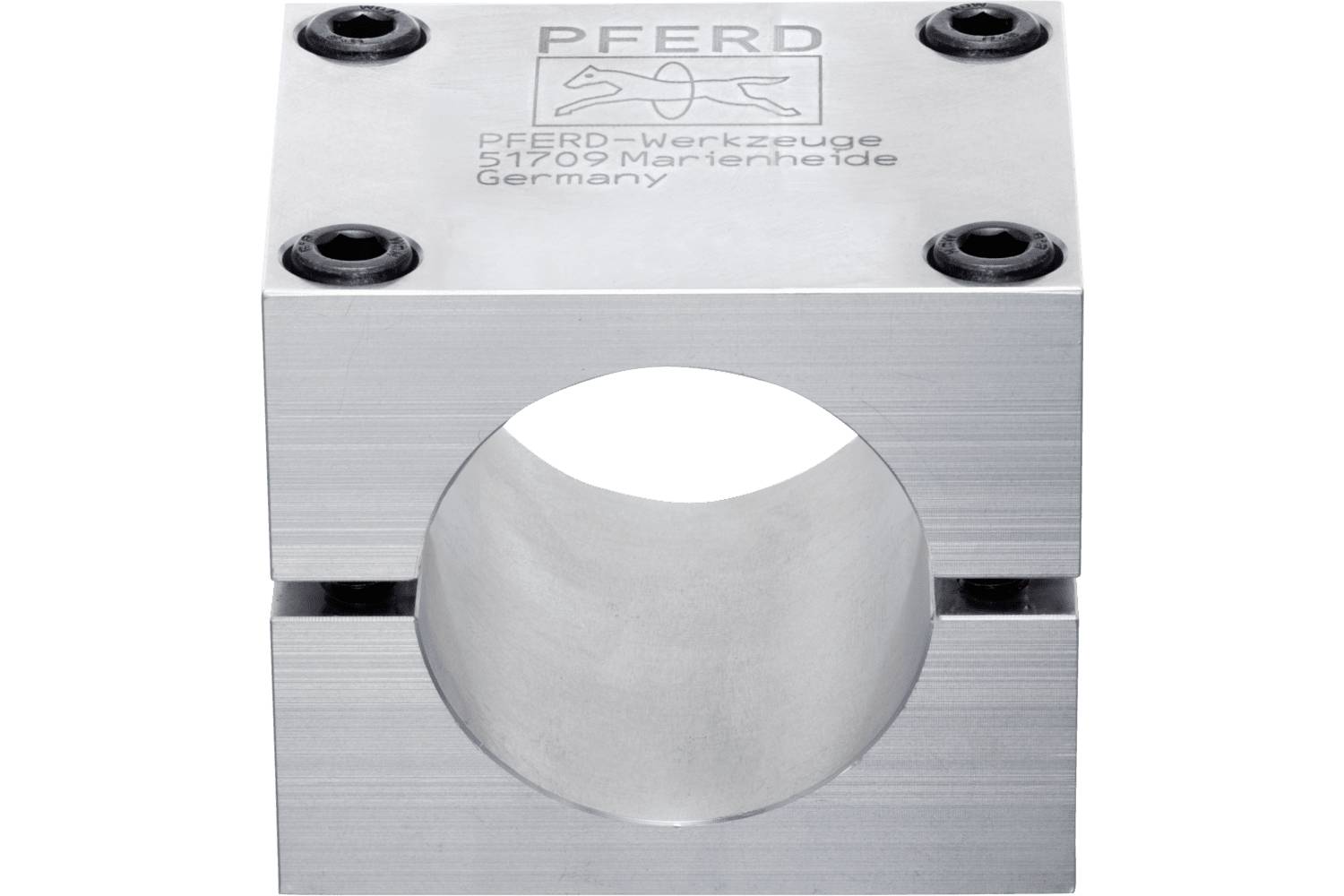 Silver metal industrial clamp or block with a large circular opening and four black screws on top, branded 'PFERD'.