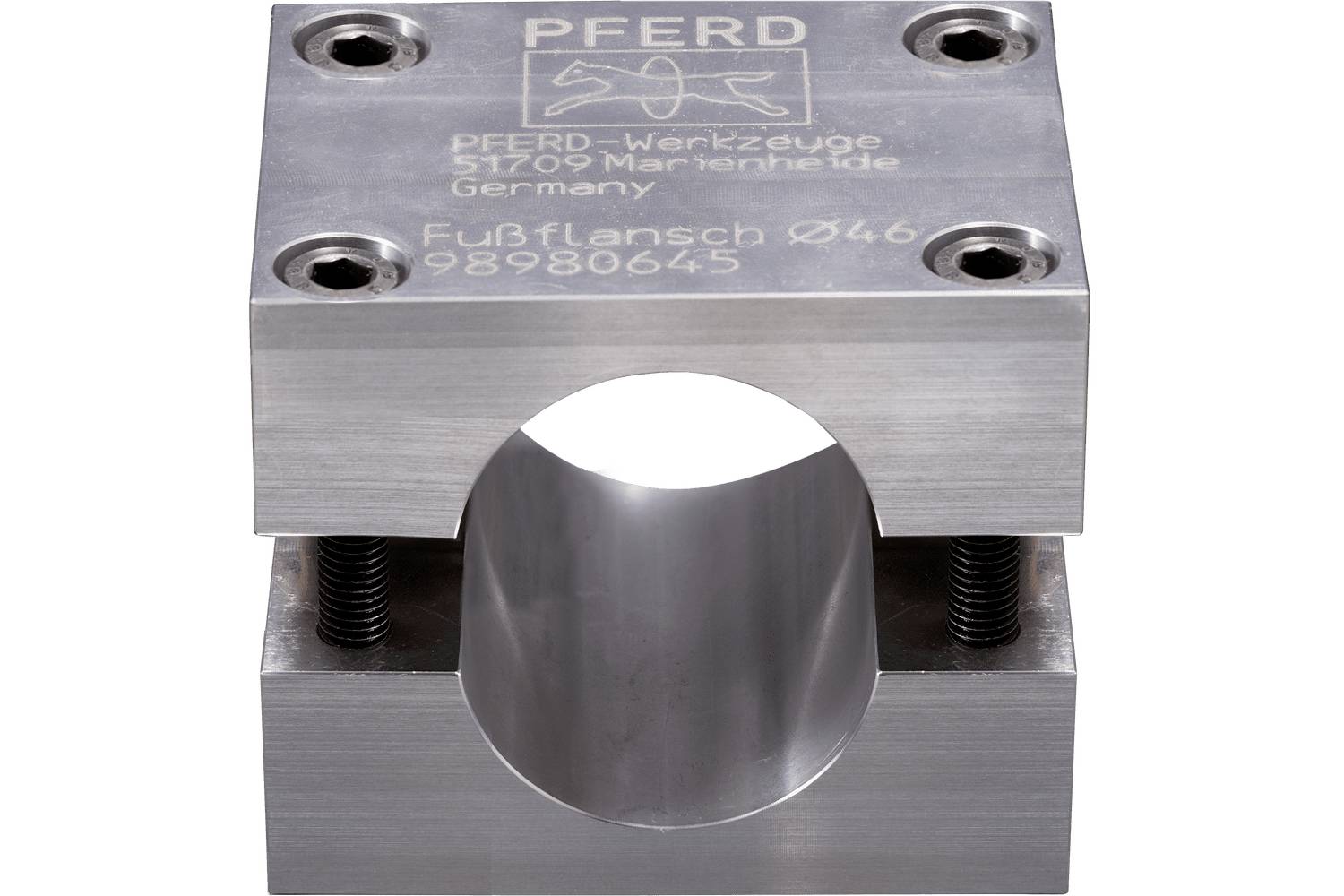 Metal industrial clamp or fixture with a large central circular opening, branded 'PFERD' and marked 'Fußflansch Ø46 98980645' on the top plate