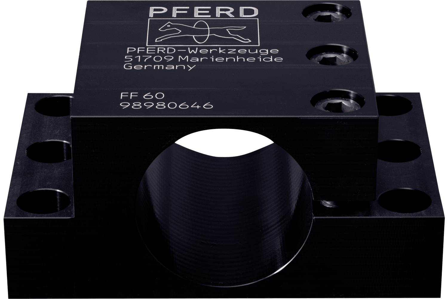 Black PFERD-Werkzeuge metal tool block with a large central circular opening and mounting holes, labeled 'FF 60' and '98980646'.
