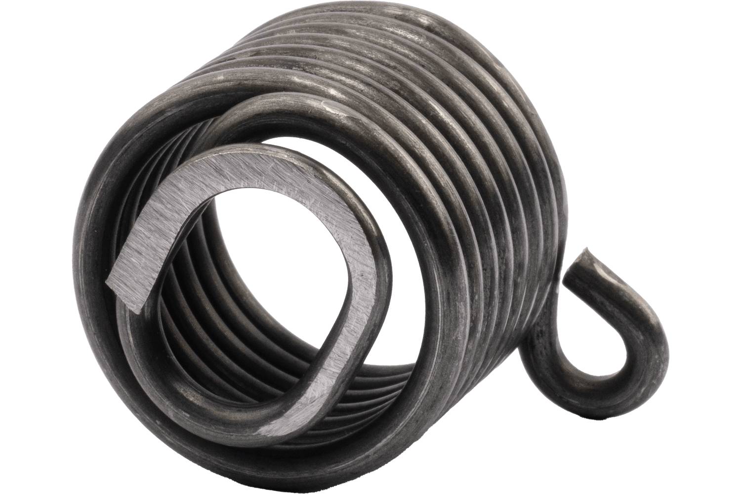 Coiled metal torsion spring with hooked ends, shown isolated on a white background.