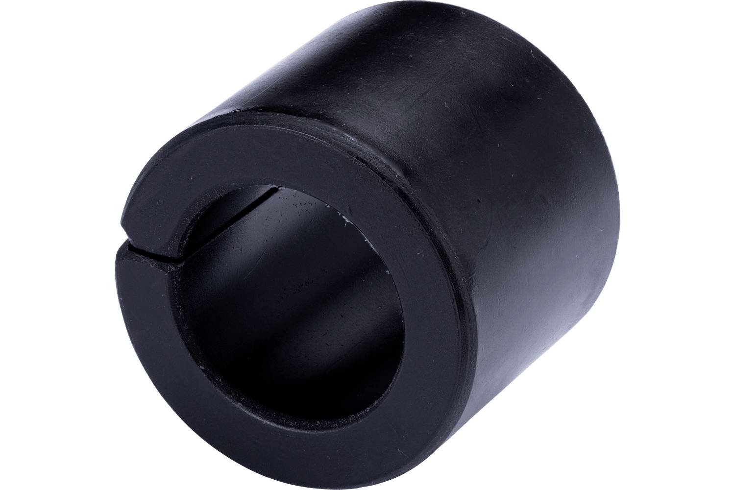 Black cylindrical rubber bushing or sleeve, hollow through the center, isolated on a white background.