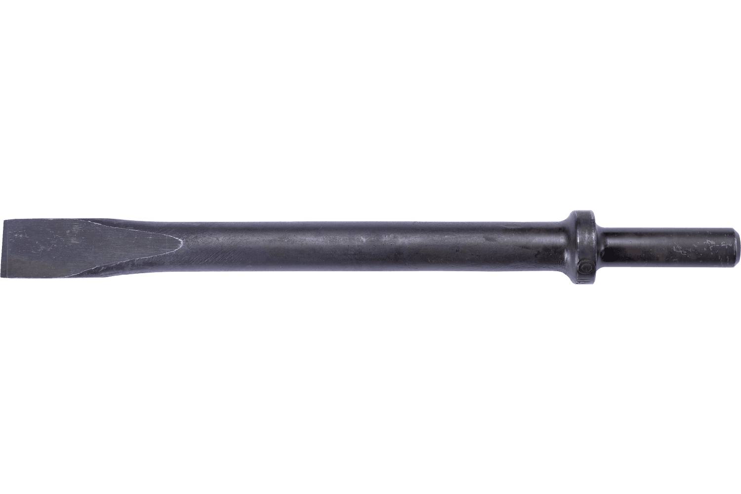 Black metal cold chisel with a flat cutting edge and cylindrical handle on a white background.