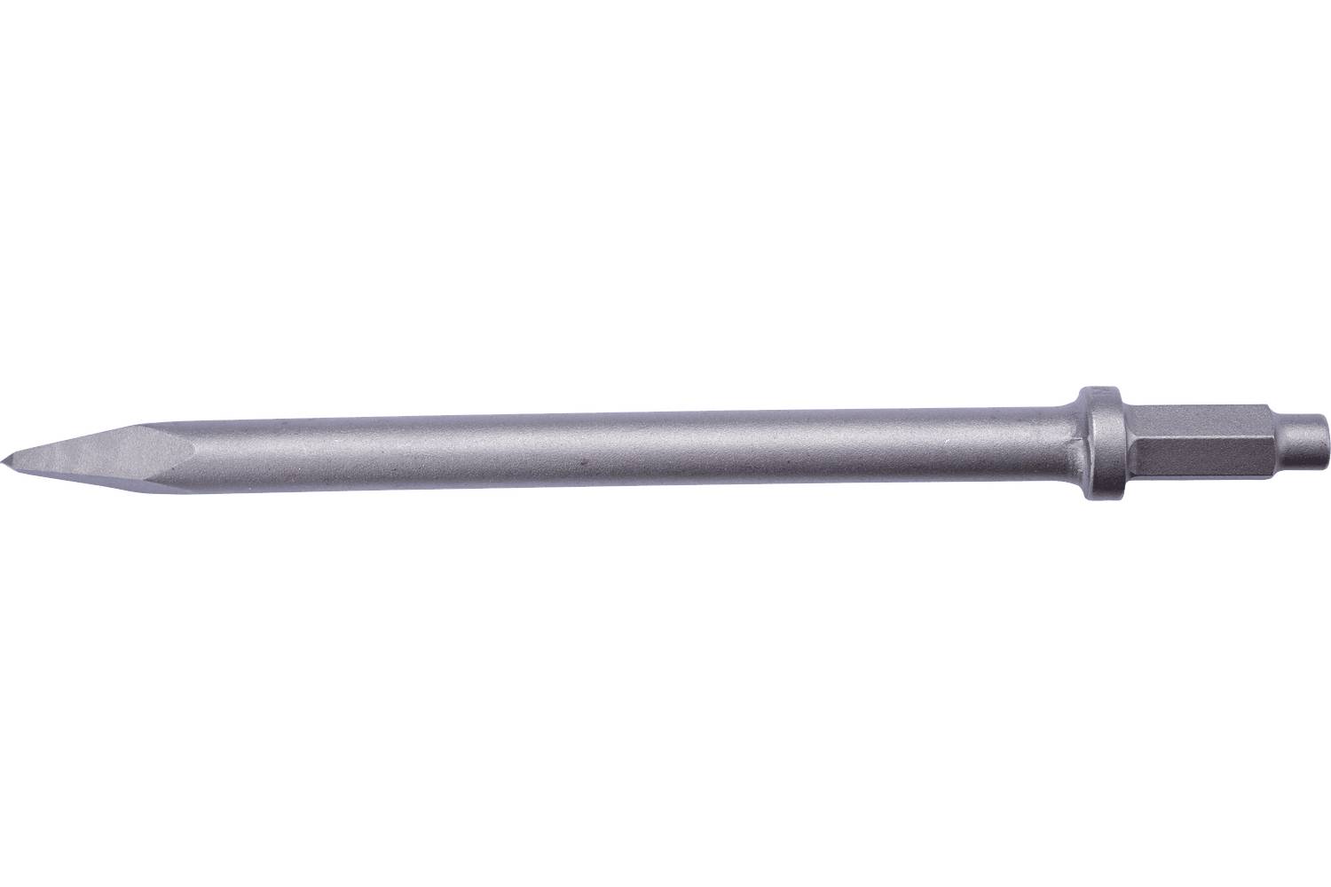 A metal chisel bit with a pointed tip and hex shank, shown on a white background.