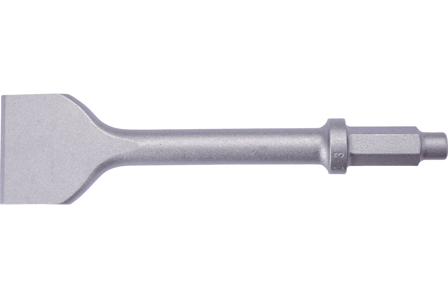A metal chisel bit with a flat blade and hex shank, shown on a white background.