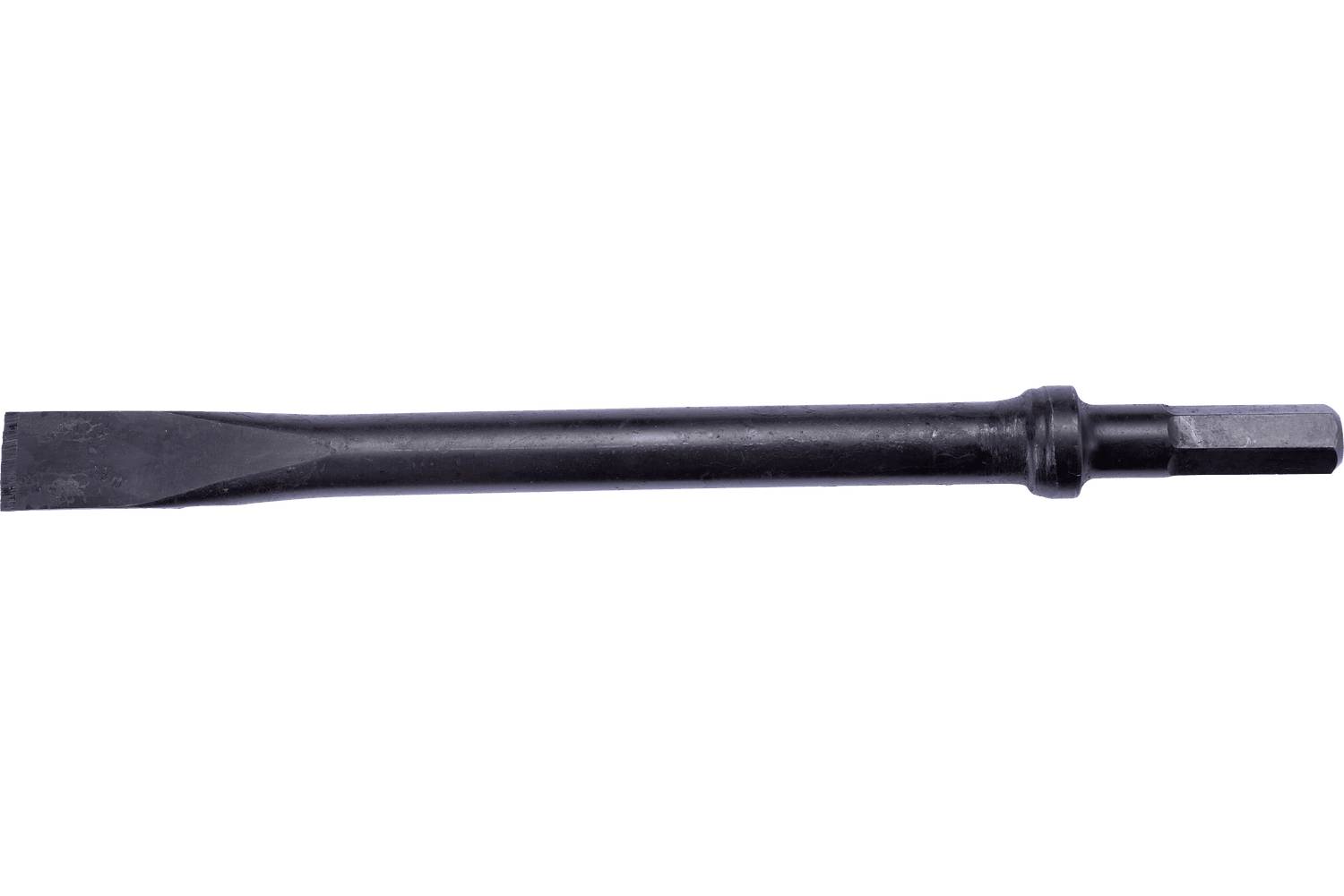 Black metal chisel or punch tool with a flat tapered blade and hexagonal shank, isolated on a white background.