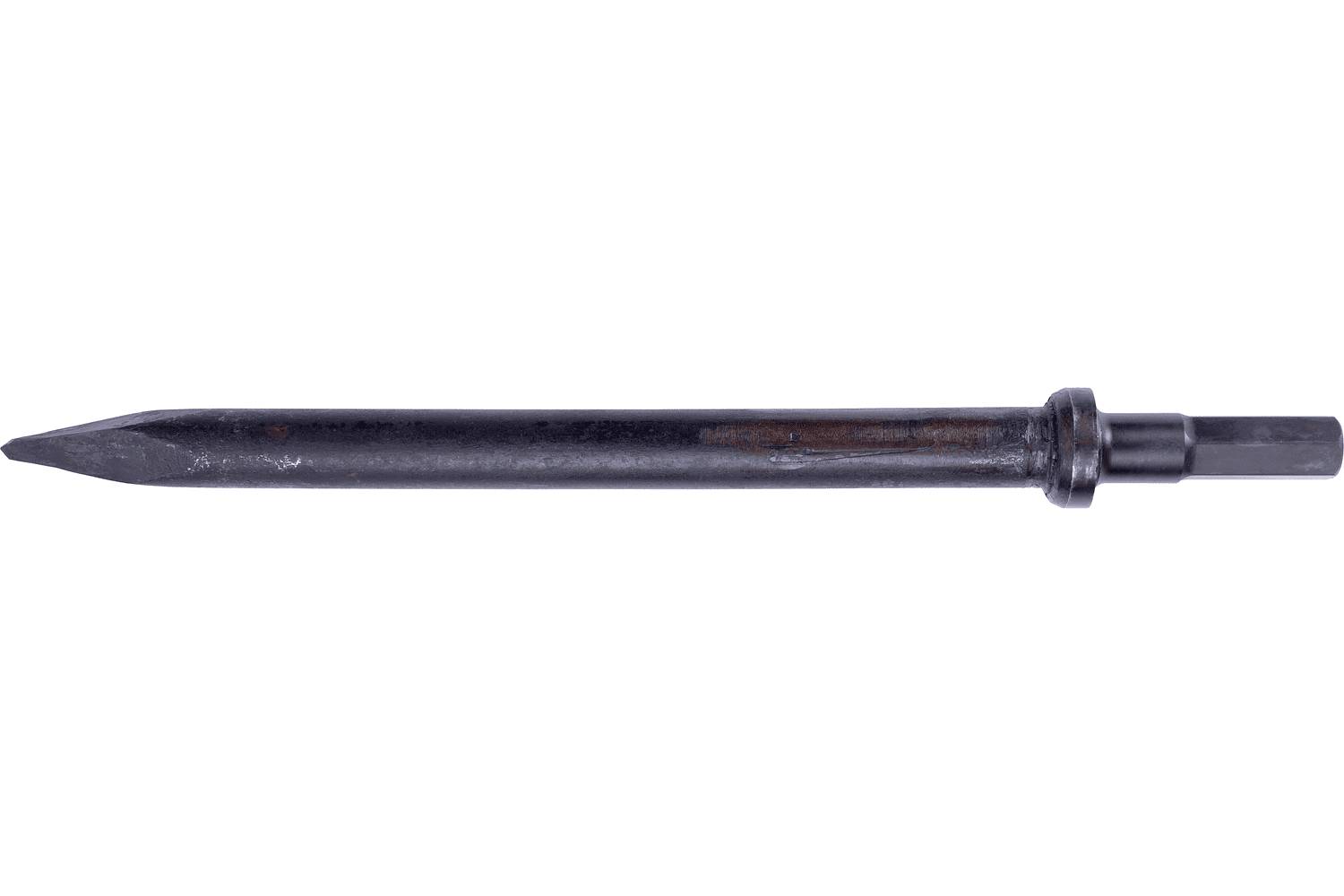 A steel chisel or punch with a pointed tip and hexagonal shank, shown horizontally on a white background.